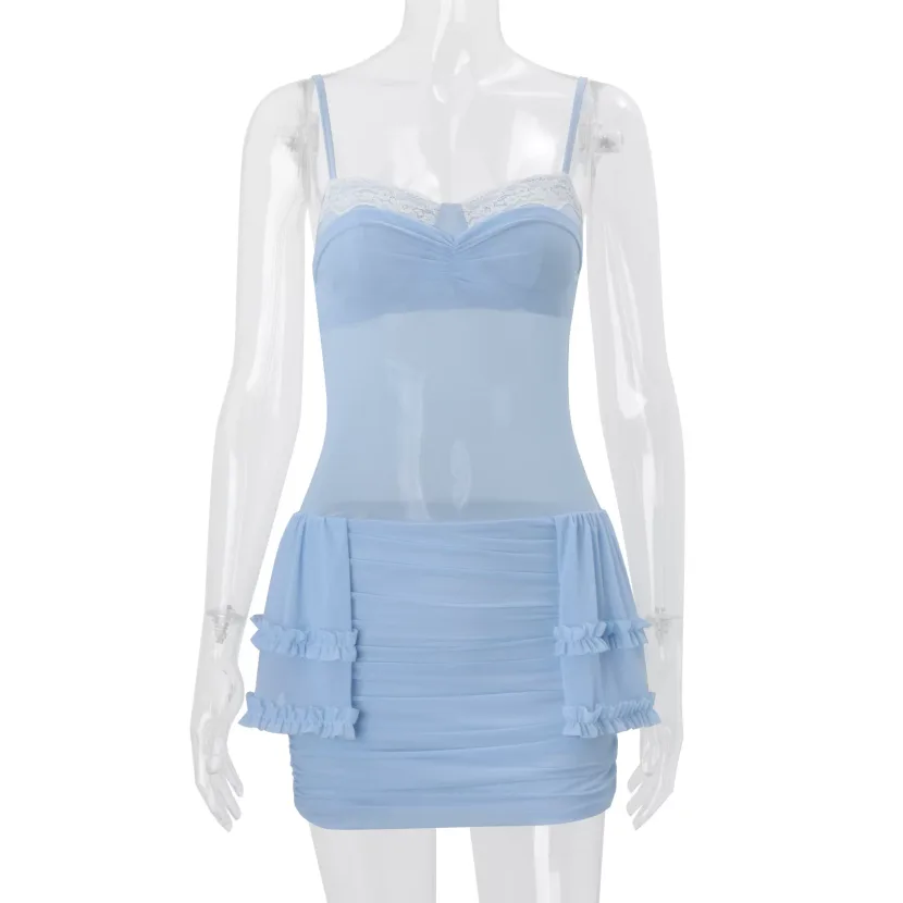 Summer Womens Bodycon Dress Slim Fit Low Neckline Ruffled Lace Trim Short Length Perfect for Parties and Casual