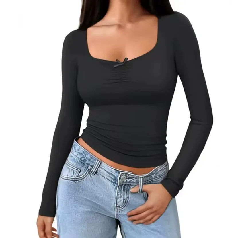 Womens U Neck Fitted T Shirt Minimalist Design Spring Summer Style Bodycon Fit Comfortable Fabri