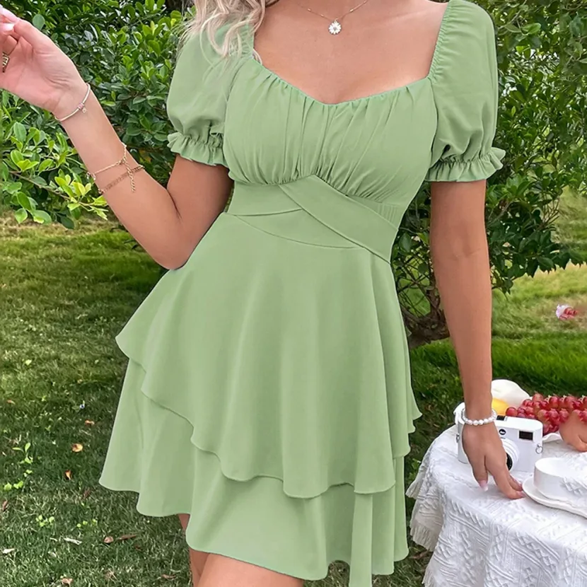 Womens Puff Sleeve Ruffled Dress Slim Fit Tie Detail Avocado Green Elegant for Parties and Event
