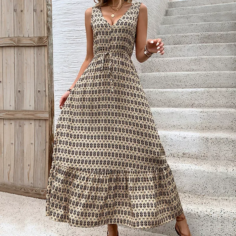 Elegant Geometric Print Sleeveless Dress Summer Casual Wear Waist Defining Design Available for
