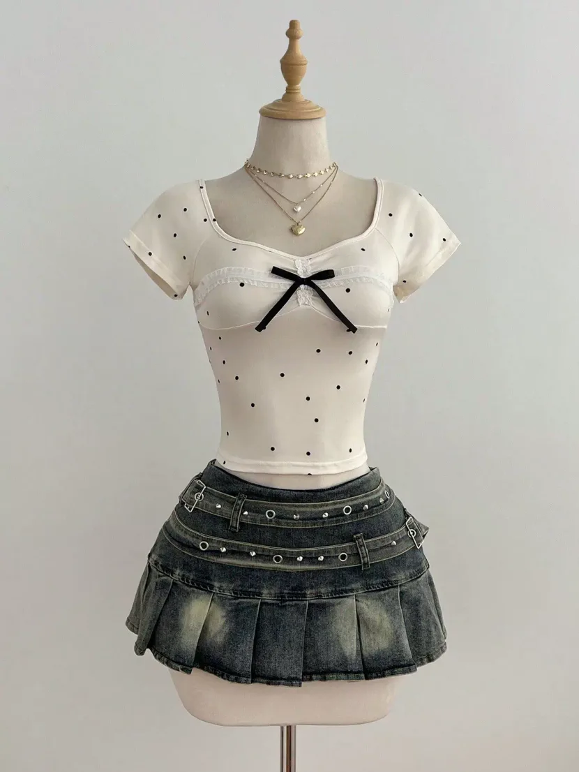 Summer Womens Short Sleeve T Shirt Polka Dot Design Bow Detail Casual Style Ready to Ship Low MO