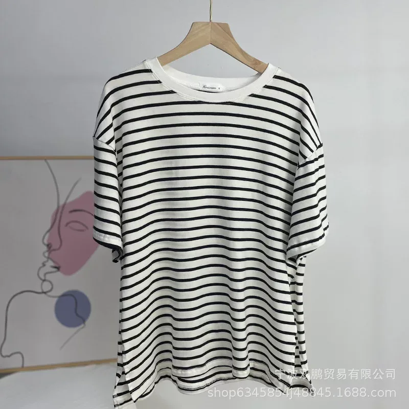 Womens Striped Cotton T Shirt Loose Fit Long Sleeve Split Hem Casual Spring Summer Style Wholesa