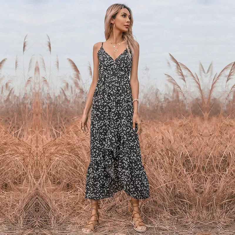 Summer Womens Irregular Hem Dress Sexy Floral Print V Neck Spaghetti Straps Casual Party Wear Wh