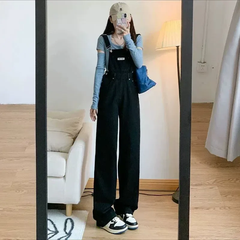 牛仔背带裤女2023春秋季学生宽松显瘦吊带裤大码设计感拖地连体裤