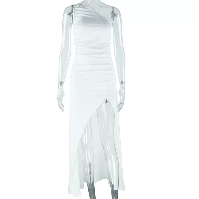 Fashionable Solid Color Long Dress Asymmetrical Neckline Sleeveless Side Slit Casual Wear Summer