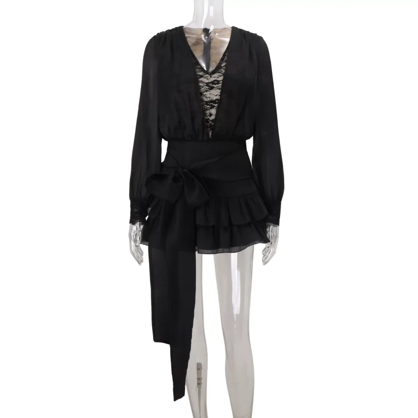 French Style Lace Trimmed Mini Dress Sexy V Neck Long Sleeve Elegant Design Perfect for Autumn E