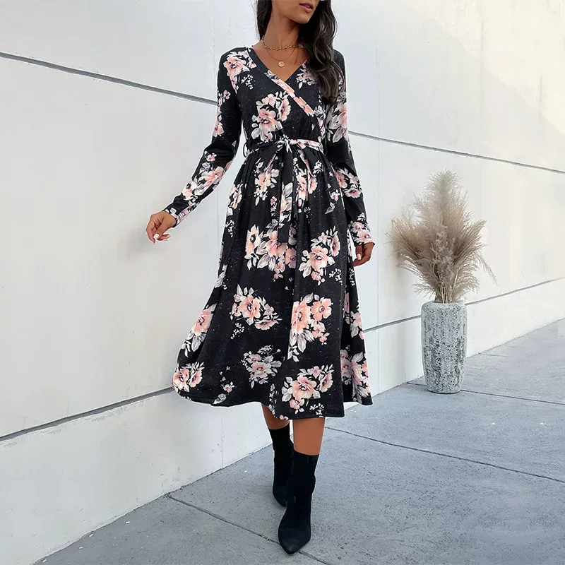 Floral Print Long Sleeve Dress V Neck Autumn Style Elegant Design Wholesale Womens Apparel low M