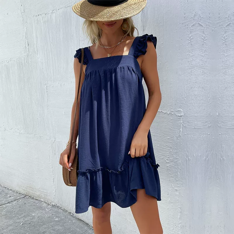 Womens Casual Beach Dress Short Loose Fit Spaghetti Straps Lightweight Fabric Summer Vacation We