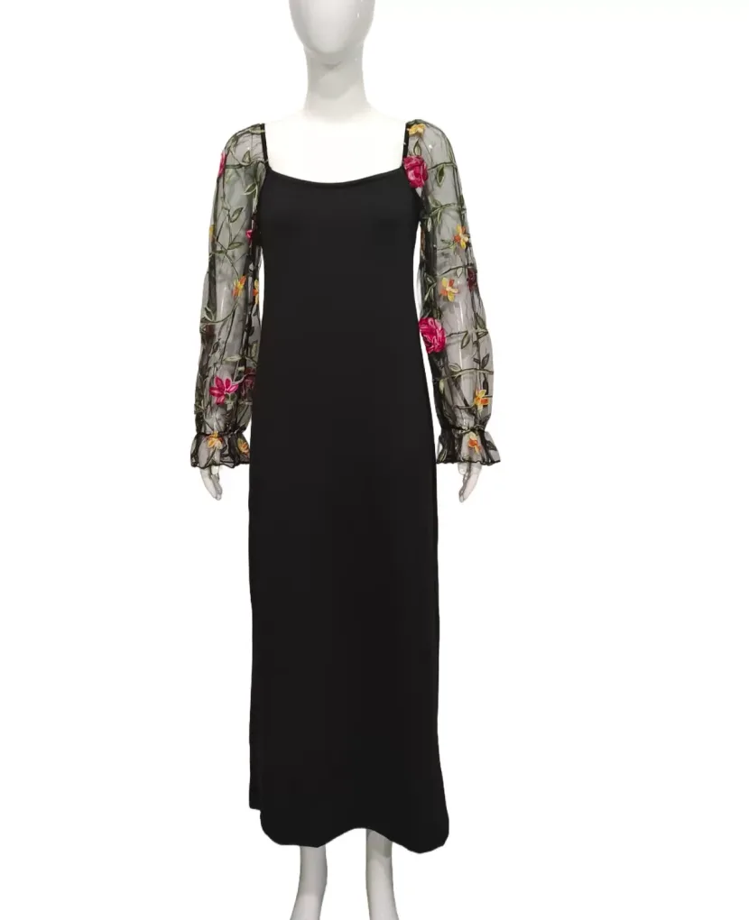 Elegant Womens Dress Heart Shaped Neckline Floral Embroidery Sheer Fabric Slim Fit Perfect for P