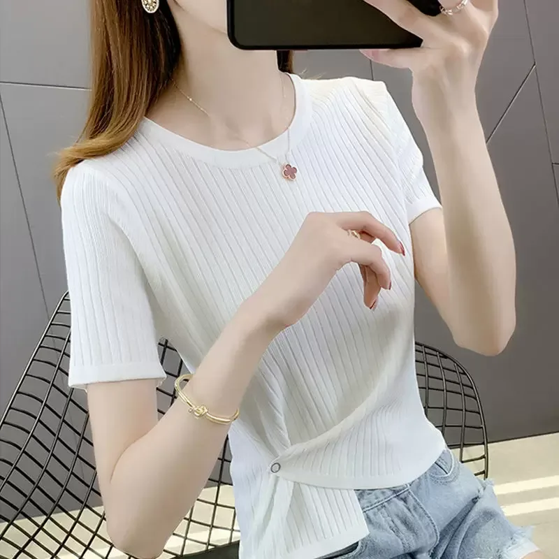 Womens Ice Silk Short Sleeve T Shirt Loose Fit Irregular Hem Summer Casual Wear