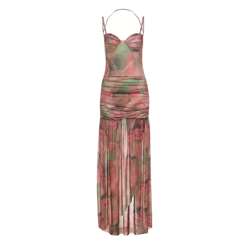Summer Womens Fashion Dress Sexy Low Cut A Line Maxi Dress Slim Fit Spaghetti Straps Elegant Eve