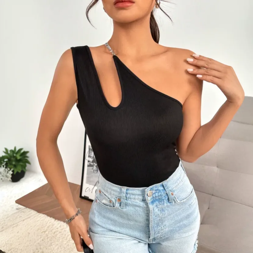 Womens Sexy Hollow Out Asymmetrical Neck Sleeveless Top Slim Fit Trendy Design Spring Summer Fas