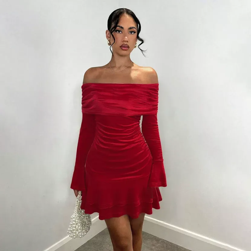 Velvet Off Shoulder Bodycon Dress Sexy Ruffle Long Sleeves Spring Summer Fashion Wholesale Avail
