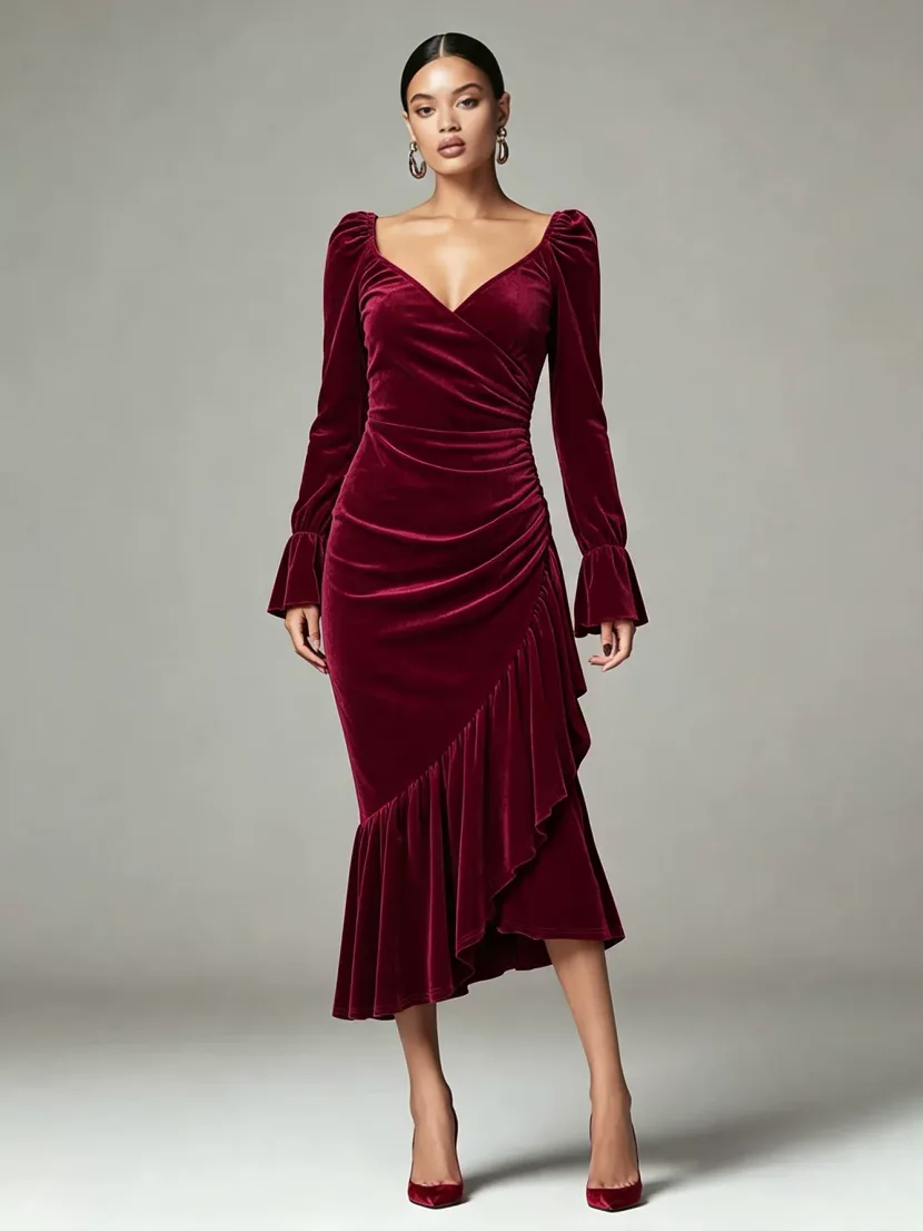 Velvet V Neck Dress Slimming Fit Irregular Hem Midi Length Autumn Winter Fashion Wholesale Available Velvet V Neck Dress Slimming Fit Irregular Hem Midi Length Autumn Winter Fashion Wholesale Available