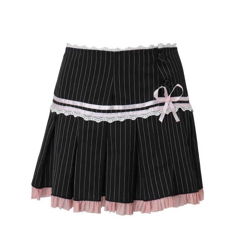 Sweet Striped Pleated Skirt Butterfly Tie Detail Low Waist Summer Fashion Perfect for Casual Out