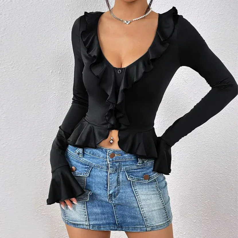 Womens Y2K Ruffled Crop Top Slim Fit Long Sleeve Trendy Design Spring Summer Fashion Wholesale A