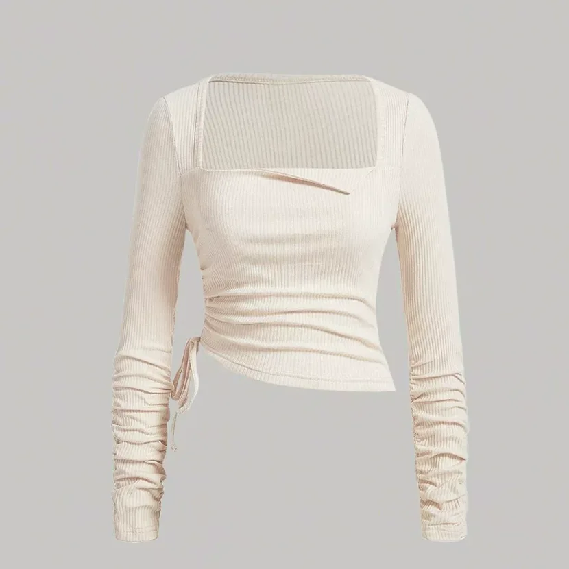 Womens Long Sleeve T Shirt Drawstring Ruched Slim Fit Stretch Fabric Square Neck Casual Wear Who