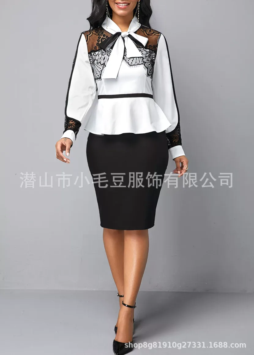 Lace Panel Color Block High Waist Slim Fit Womens Career Dress Elegant Design Versatile Style Su