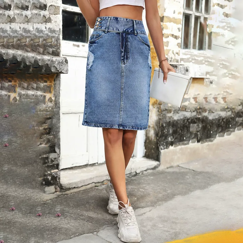 Fashionable Loose Denim Midi Skirt Womens Casual Style European and American Trend Perfect for S