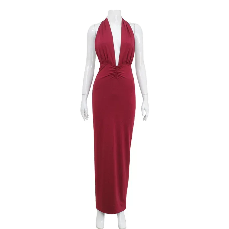 Elegant Womens V Neck Halter Backless Dress Ruffled High Waist Solid Color Perfect for Parties a