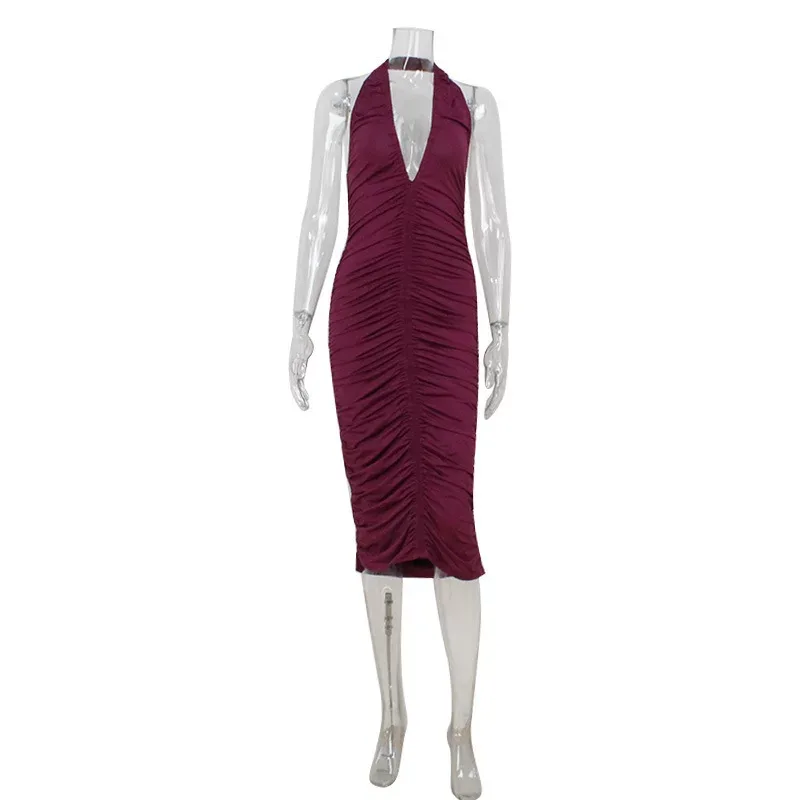 Bodycon Purple Dress Halter Neck V Neck Ruched Design Elegant Evening Wear Wholesale Available
