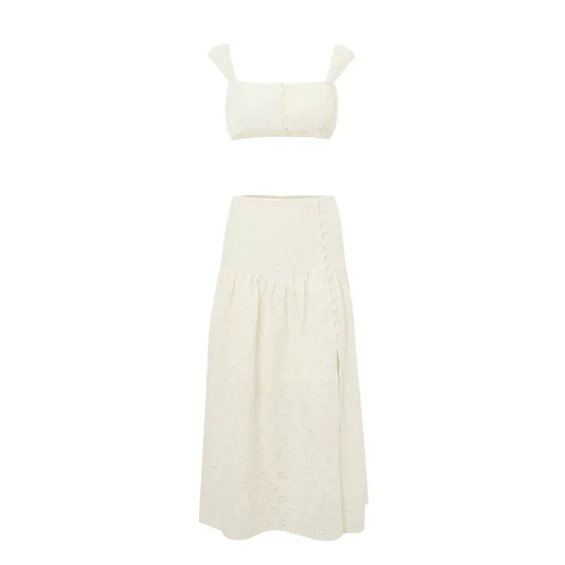 French Style Crop Top and High Waisted Skirt Set Slim Fit Sleeveless Beach Vacation Ready Wholes