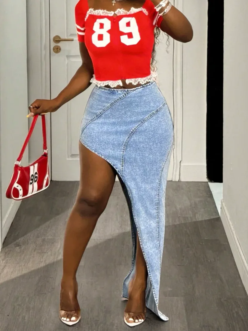Fashionable Irregular Denim Skirt Mid Length Stretch Fabric Womens Style Casual Wear Ready to Sh