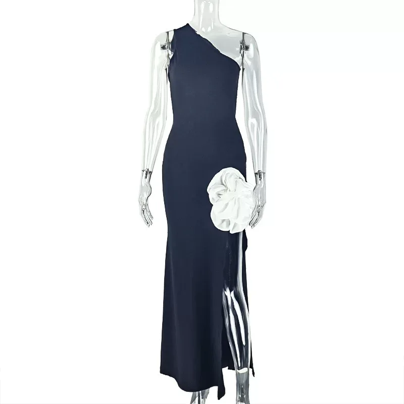 Color Block Floral Print Backless Bodycon Dress Elegant Asymmetrical Neckline Side Slit Chic Sty