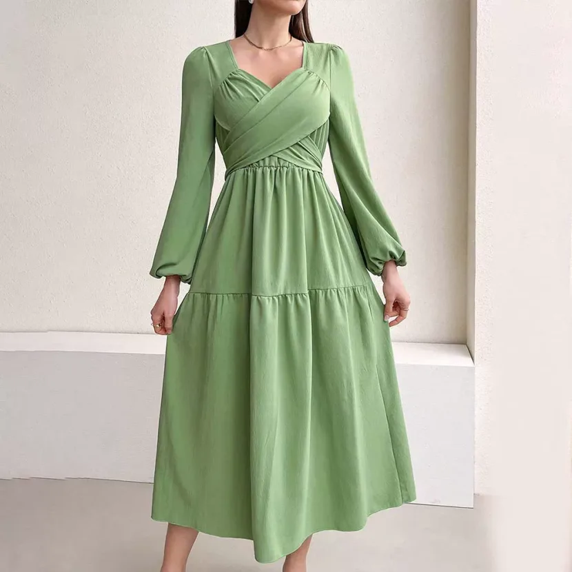 Elegant V Neck Midi Dress Fresh Spring Summer Style Youthful Green Color Wholesale Available OEM