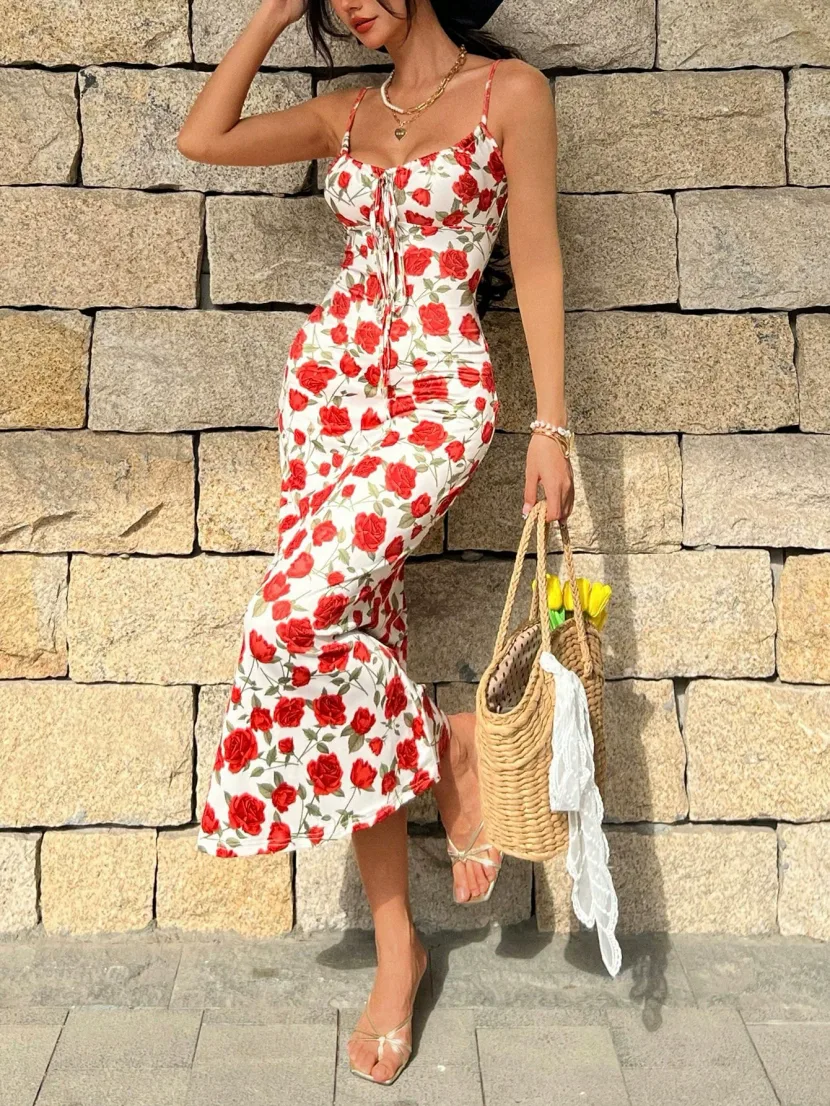 Vintage French Style Floral Print Tie Waist Maxi Dress Slim Fit Sleeveless Beach Vacation Wholes