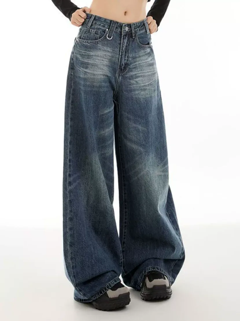 Wide Leg High Waisted Denim Trousers Vintage Style Versatile Design Comfortable Fit Casual Wear