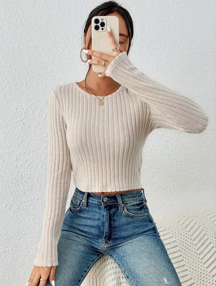Casual Fitted Sweater Solid Color Round Neck Long Sleeve Autumn Winter Wear Ready to Ship low MO