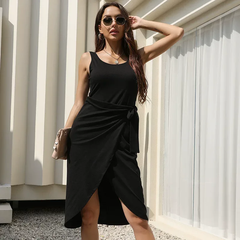 Summer Womens Black Dress Sleeveless Irregular Hem Sexy Design Perfect for Parties and Events Wh