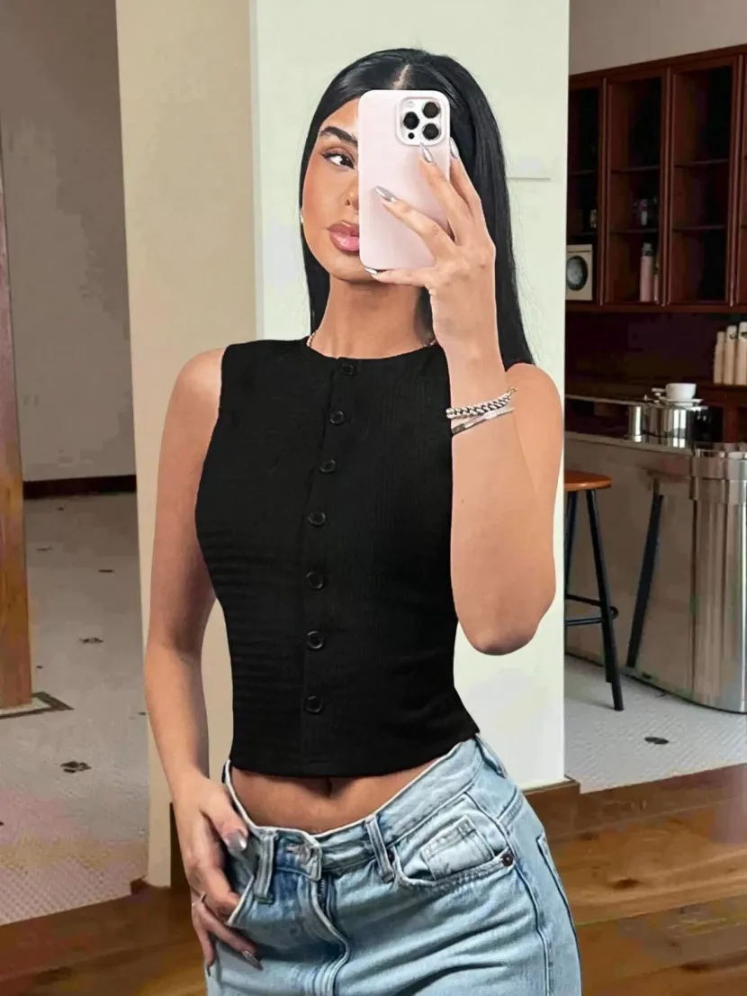 Sleeveless Knit Crop Top Round Neck Slim Fit Lightweight Fabric Spring Summer Casual Wear Wholes