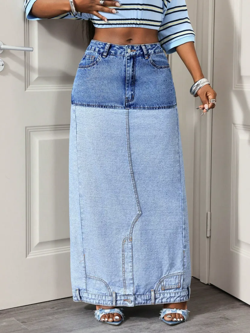 Color Block Denim Midi Skirt Casual Style High Slit Design Versatile for Everyday Wear Wholesale