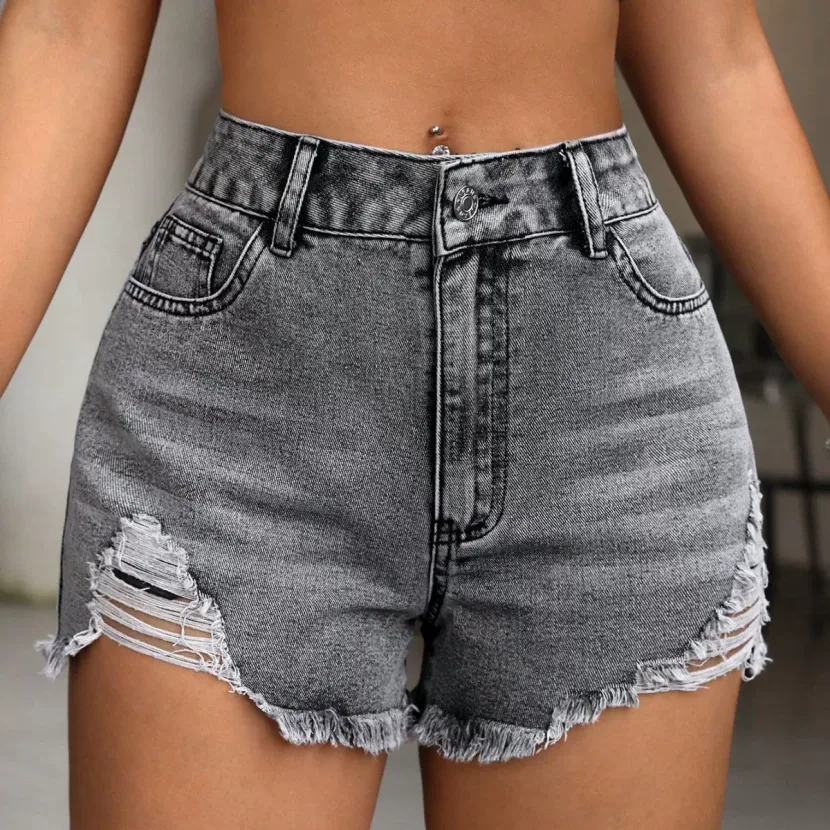 High Waisted Ripped Denim Shorts Womens Casual Style Trendy European and American Fashion Wholes