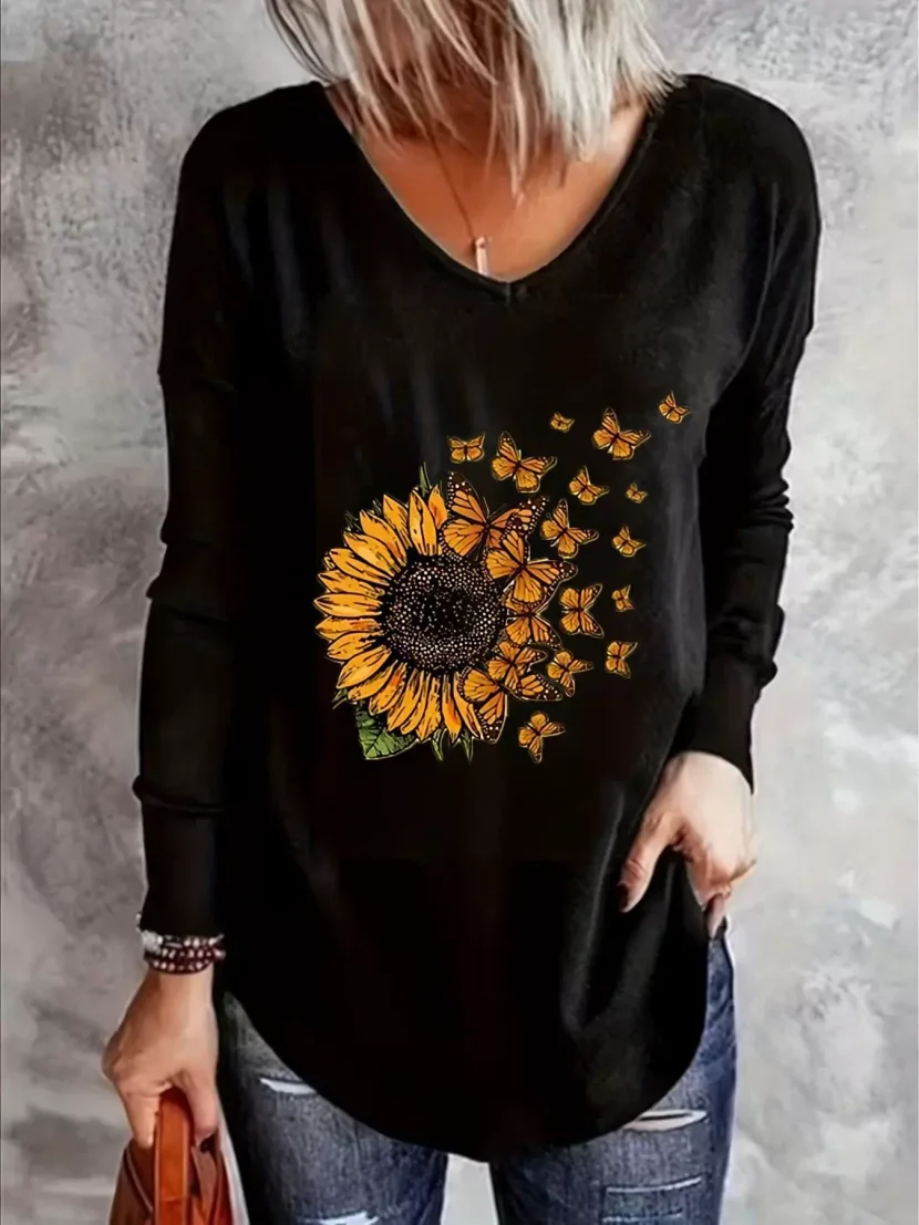 Womens V Neck Long Sleeve T Shirt Loose Fit Summer Style Bamboo Fiber Fabric Wholesale Available