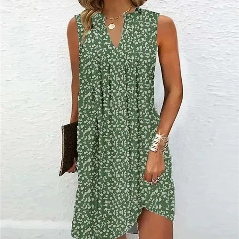 A Line Sleeveless Dress Multi Color V Neck Floral Print Summer Casual Wear Ready to Ship bulk or