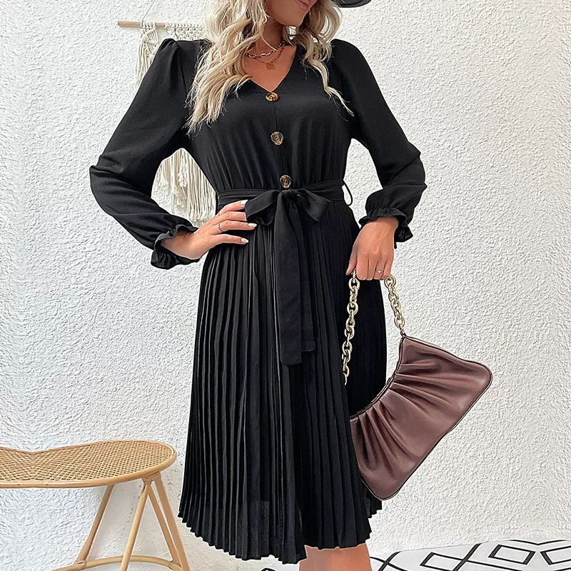 Long Sleeve Pleated Dress Fashionable Womens Apparel Autumn Style for Casual or Formal Occasions