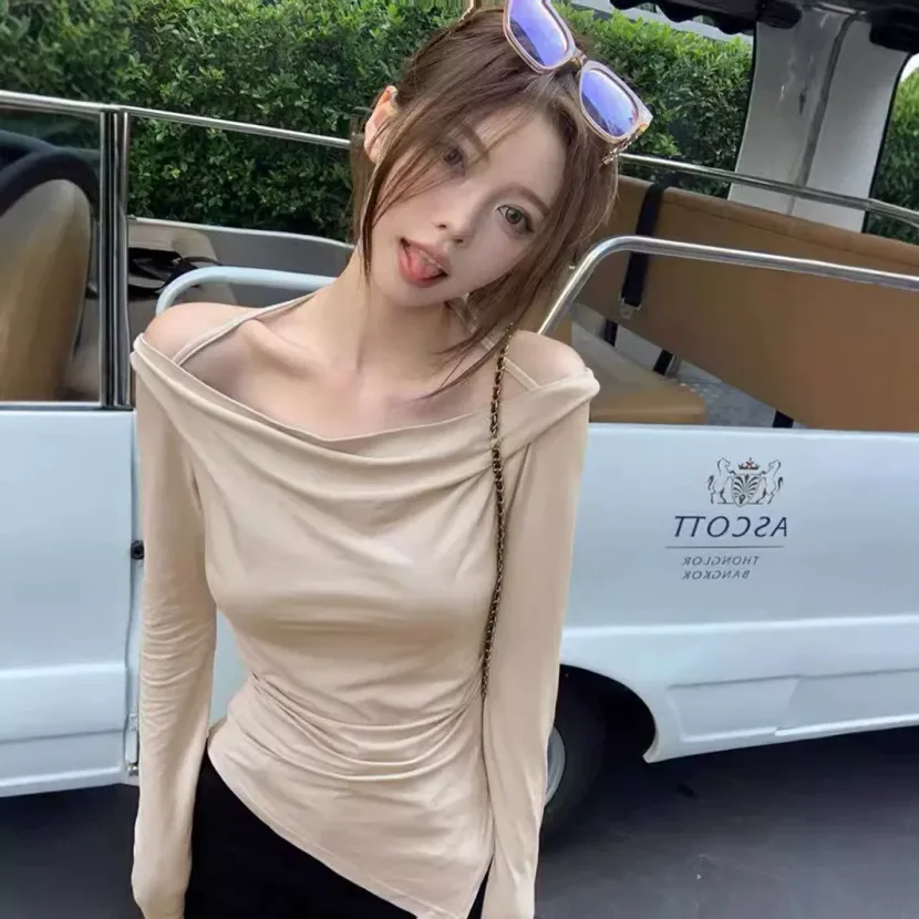 Off Shoulder T Shirt Solid Color Sleeveless Comfortable Fabric Fall Winter Casual Wear Wholesale