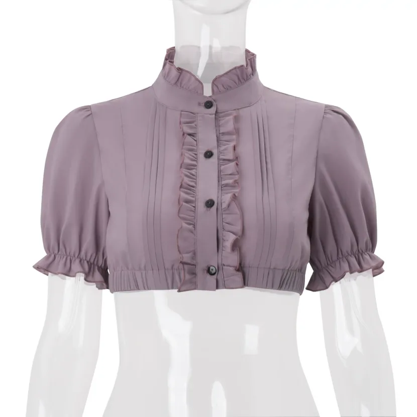 Womens Lantern Sleeve Blouse Stylish Sweet Versatile Ruffle Trim Spring Fashion Top Wholesale Av