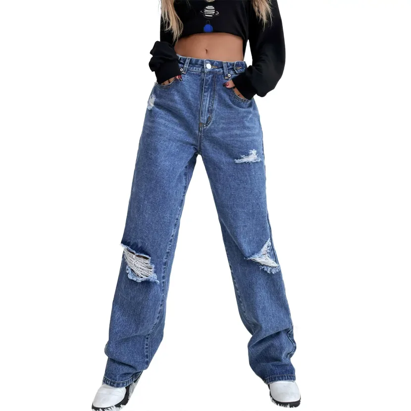 High Waisted Wide Leg Distressed Denim Jeans Trendy Loose Fit Casual Style Perfect for Everyday