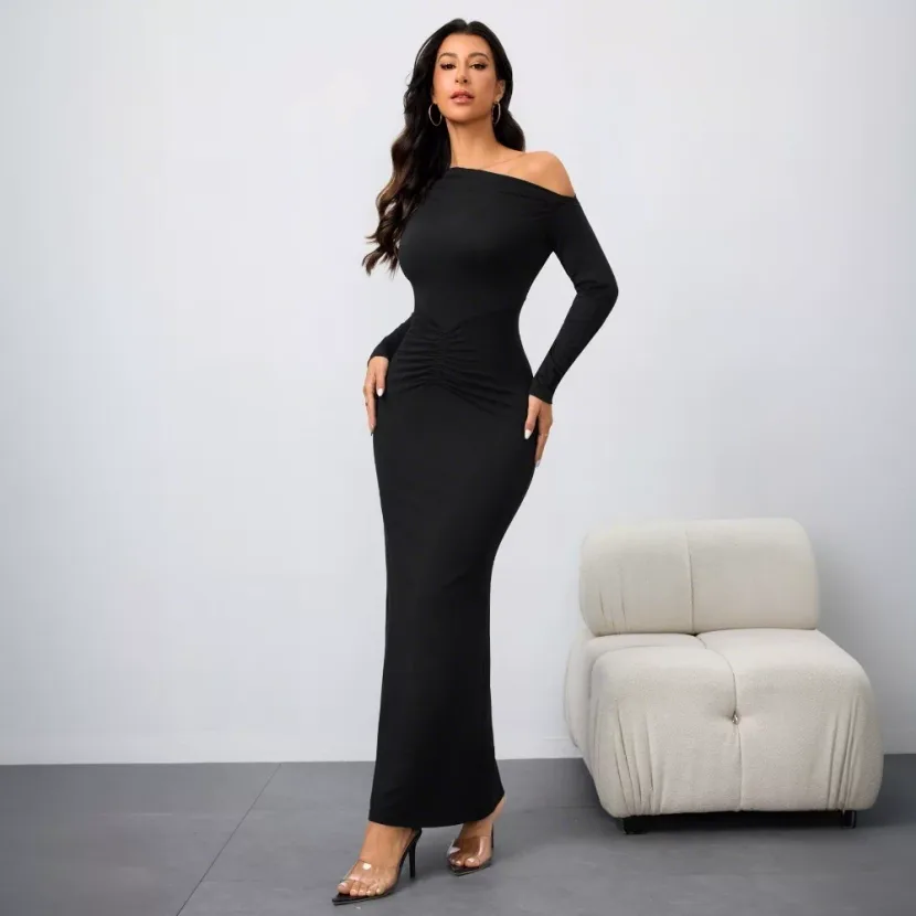 Off Shoulder Long Sleeve Dress Slim Fit Waist Defining Elegant Design Spring Summer Fashion Whol