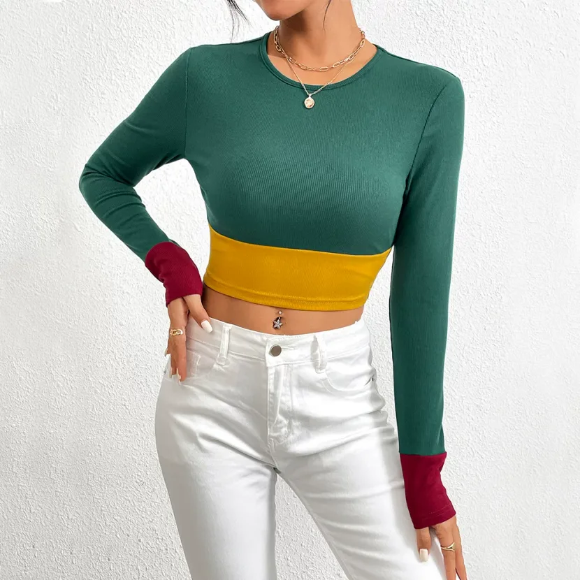 Womens Color Block Long Sleeve T Shirt Slim Fit Round Neck Stylish Design Autumn Winter Fashion