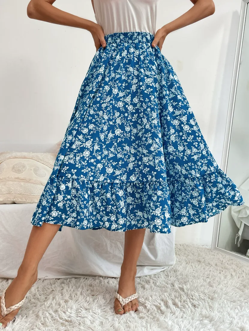 Floral Midi Skirt Casual Versatile Commuter Style Perfect for Vacation or Everyday Wear Wholesal