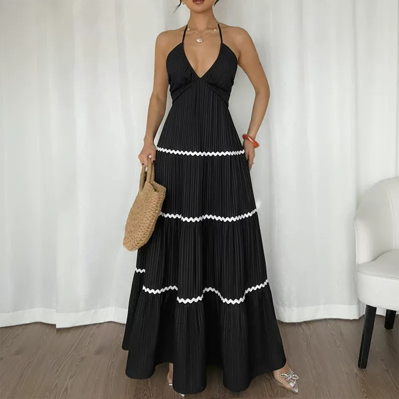 Color Block V Neck Halter Dress Sexy Cake Skirt Design Perfect for Vacations and Summer Events W