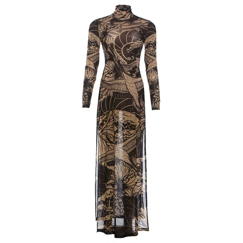 Fashionable Sheer Long Sleeve High Neck Top Sexy High Slit Design Spring Collection for Women Wh