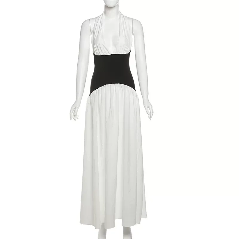 Summer Womens Dress Fashionable Sexy V Neck Halter Neck Color Block Waist Defined Perfect for Pa