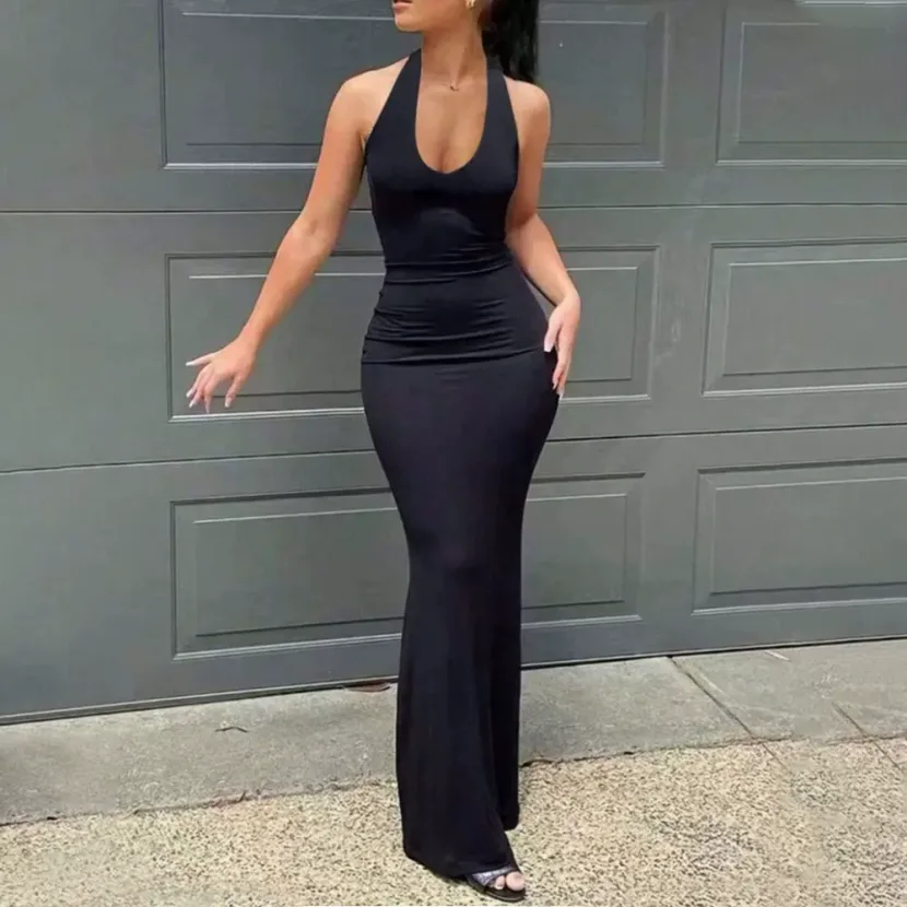 Summer Womens Backless Bodycon Dress Solid Color Halter Neck Sexy Style Perfect for Parties and