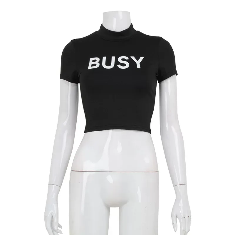 Womens Summer Crop Top Letter Print High Neck Slim Fit Short Sleeve Trendy Casual Wear Wholesale